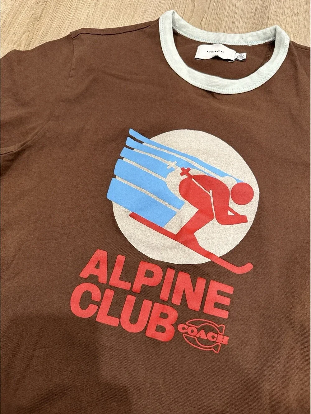 Coach T Shirt Womens M Brown Alpine Club Skiing Shrunken Tee Ringer Short Sleeve